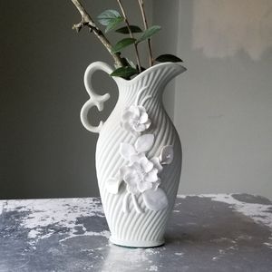 Vintage Mint Green Porcelain Vase 3D Cream Flowers
